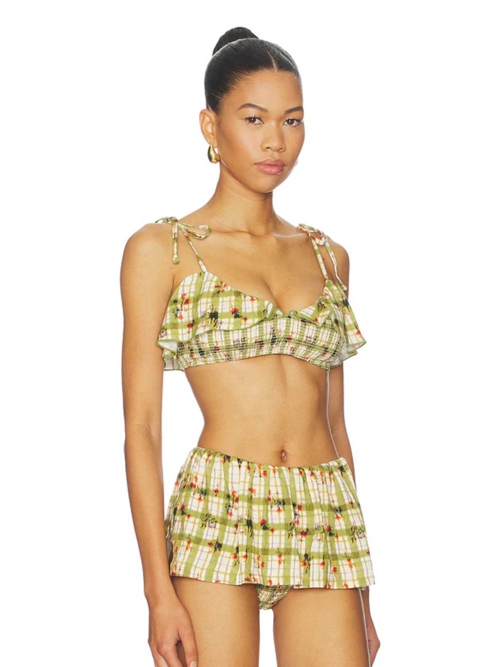Free People Green Plaid Ruffle Bandeau Top with Tie Straps and Bottoms - Picture 2 of 5